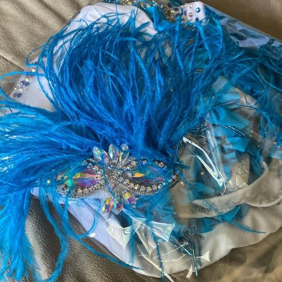 Custom solo Glamorous dance costume white blue 2 piece embellished lyrical XSA - Picture 14 of 15